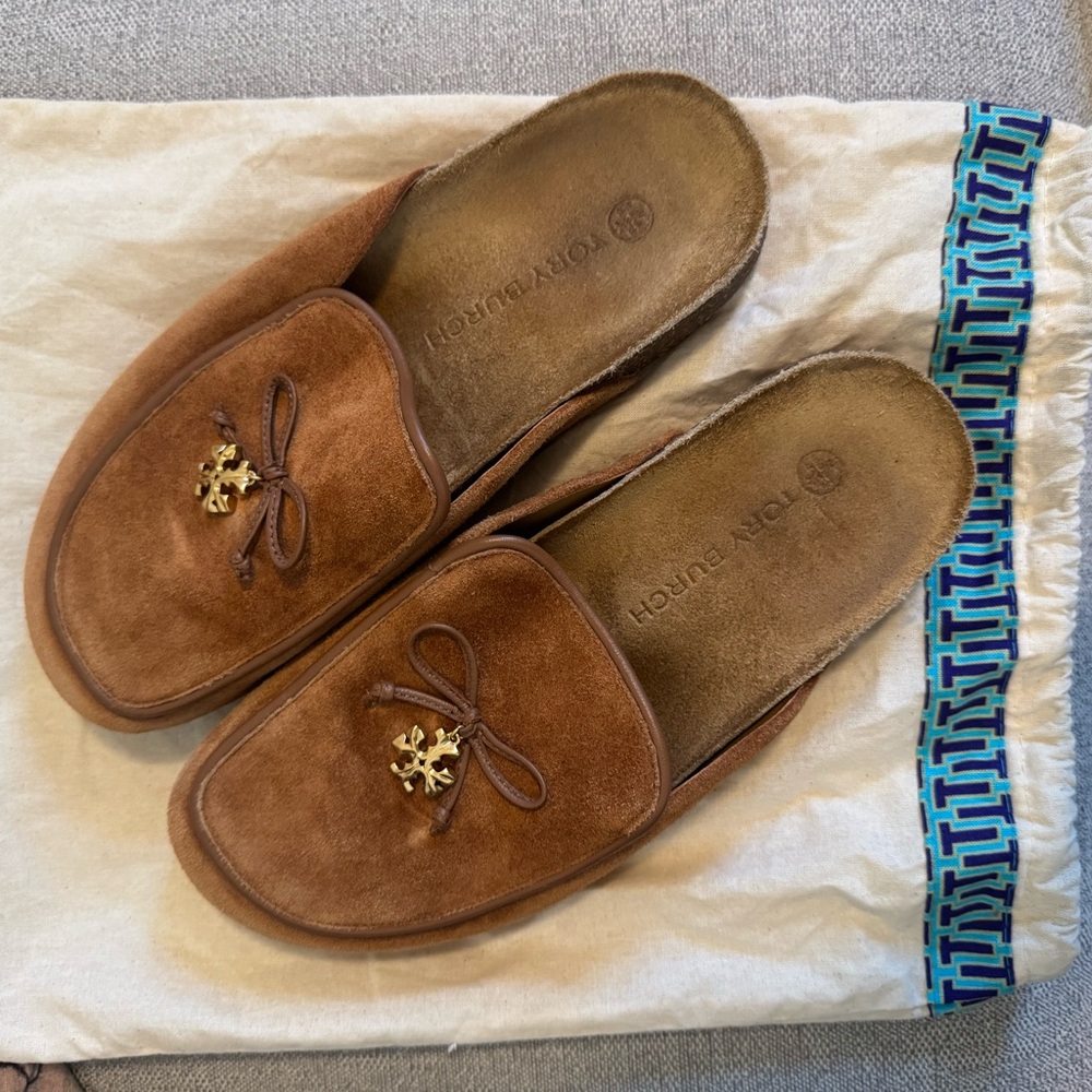 Tory Burch Tan Suede Clogs with Gold Detail